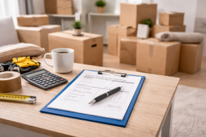 Umzugskartons im Raum mit Tisch und Formular für Kostenvoranschlag