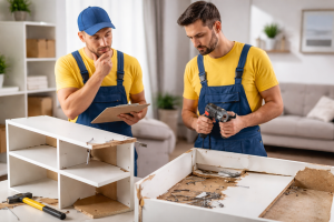 Prüfung beschädigter Möbelteile vor dem Wiederaufbau beim Umzug