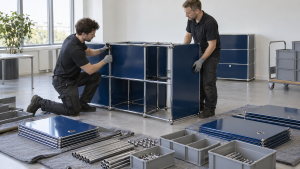 Möbelhelfer bauen ein USM Haller Möbelsystem für den Transport auseinander