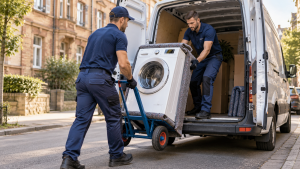 Möbelhelfer verladen eine Waschmaschine für den Transport in Nürnberg